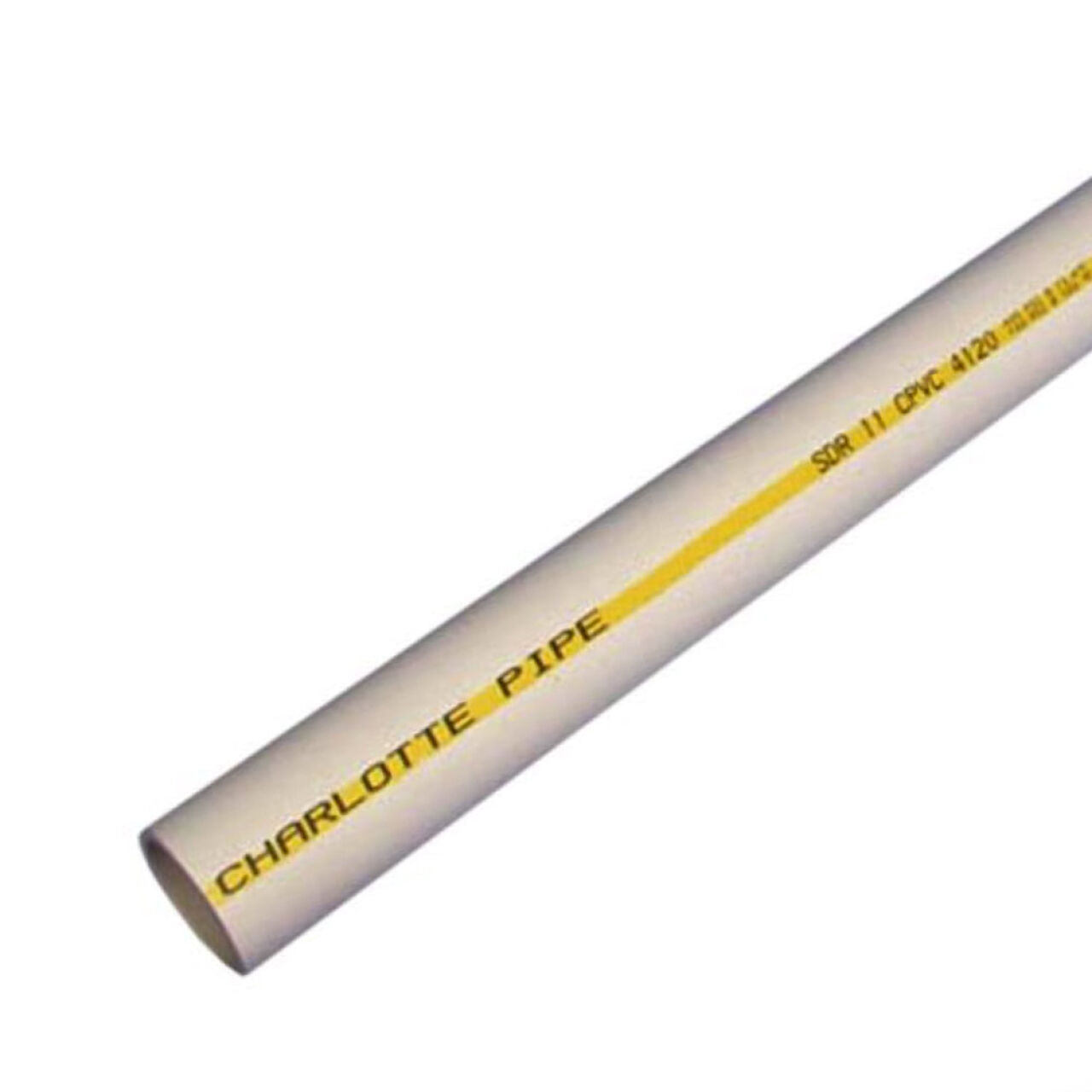 A 3/4 in. x 10 ft. Go Build CPVC SDR11 Flow Guard Gold Pipe, featuring yellow CHARLOTTE PIPE text, designed for hot and cold-water distribution, shown against a plain white background. Brand: The Fastest Way To Build.